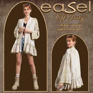 EASEL "Off Duty" Cotton Cozy Shibori Dyed Open Front Kimono Cardigan Ruffled Hem